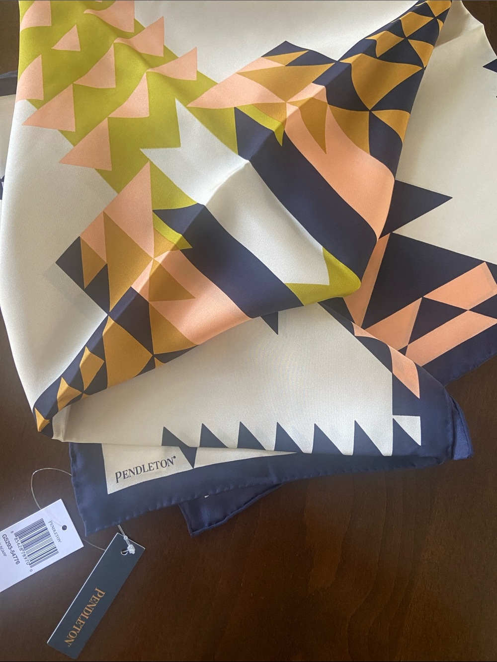 Pendleton Geometric Print Scarf - Navy, Chartreuse, Peach, and Cream. 100% silk